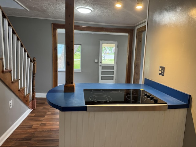 32 Maple St, Fairfield, ME 04937 - kitchen with black electric stovetop, crown molding, and dark wood-style flooring