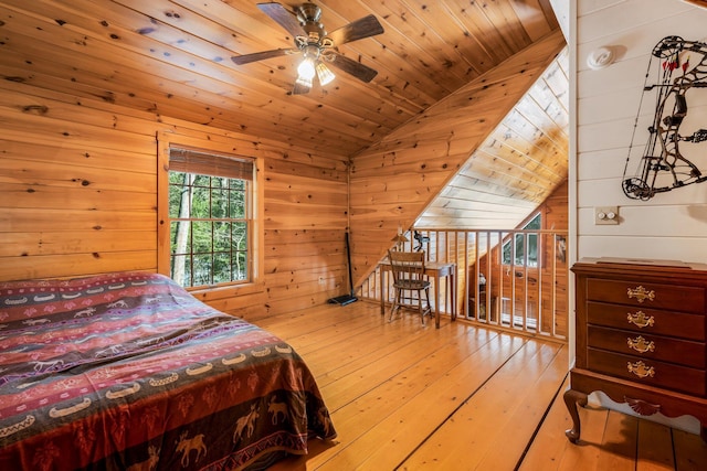 bedroom featuring hardwood / wood-style floors, lofted ceiling, wood ceiling, and wood walls