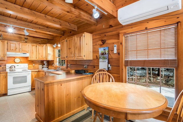 kitchen featuring a wall unit AC, wood walls, under cabinet range hood, and white range with electric cooktop