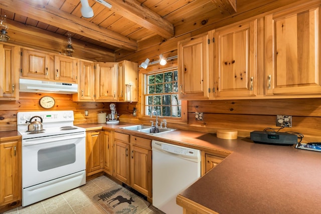 kitchen featuring wooden walls, under cabinet range hood, wood ceiling, white appliances, and a sink