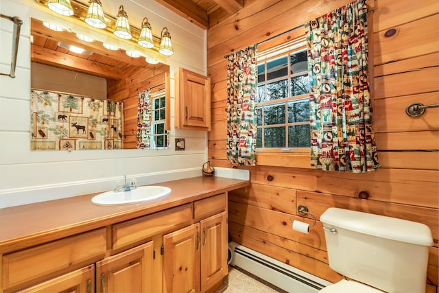 bathroom with toilet, wooden walls, a baseboard radiator, wood ceiling, and vanity