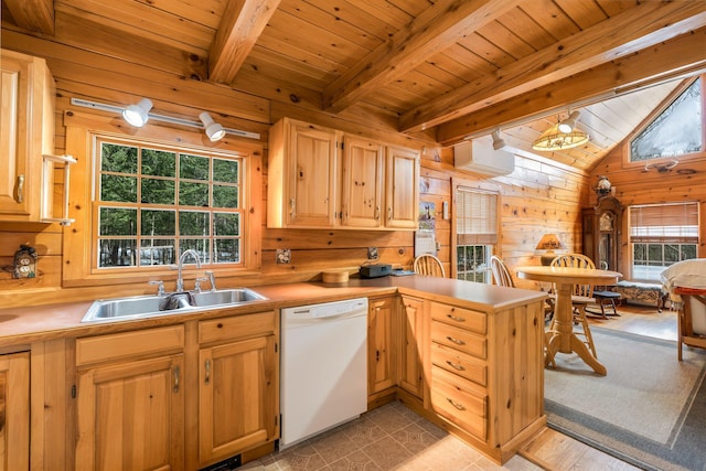 kitchen with wooden walls, dishwasher, wooden ceiling, and a sink