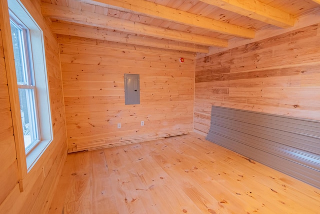 empty room with beam ceiling, wooden ceiling, wood walls, and light wood-style flooring