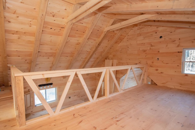 additional living space featuring vaulted ceiling with beams, wooden ceiling, wooden walls, and a sauna