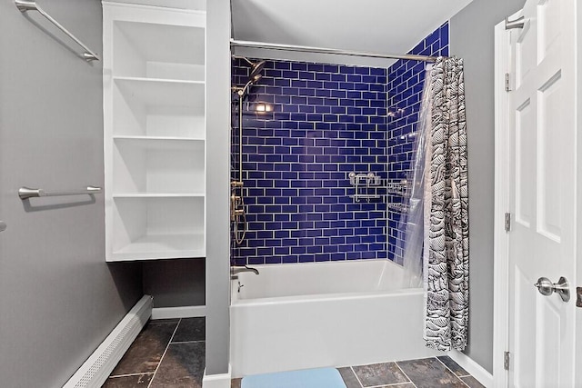 bathroom featuring baseboard heating, tile patterned flooring, shower / bath combo with shower curtain, and baseboards