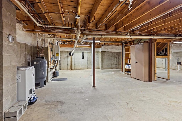 unfinished basement featuring water heater