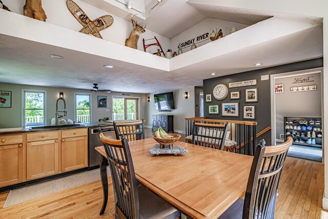 543 Middle Rd, Dresden, ME 04342 - dining room with light wood-type flooring, recessed lighting, a towering ceiling, and ceiling fan