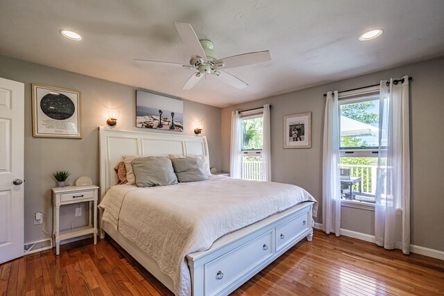 543 Middle Rd, Dresden, ME 04342 - bedroom with wood-type flooring, baseboards, recessed lighting, and a ceiling fan