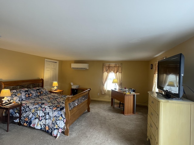 carpeted bedroom with baseboards and a wall mounted AC