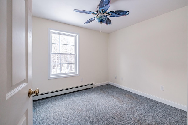 spare room featuring carpet floors, a baseboard radiator, a ceiling fan, and baseboards