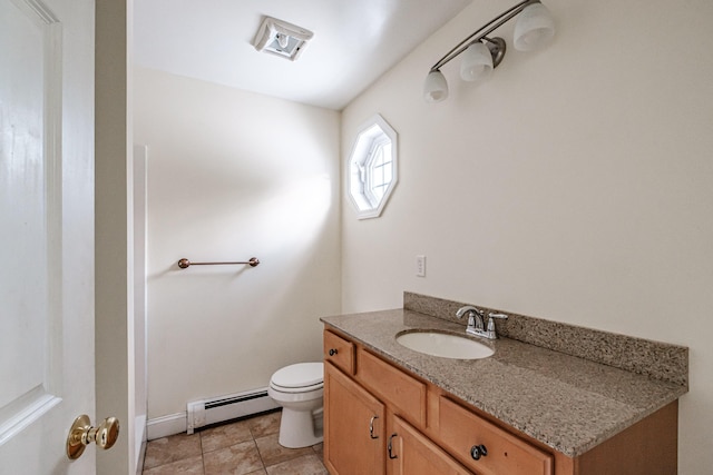 bathroom featuring baseboard heating, vanity, toilet, and tile patterned floors