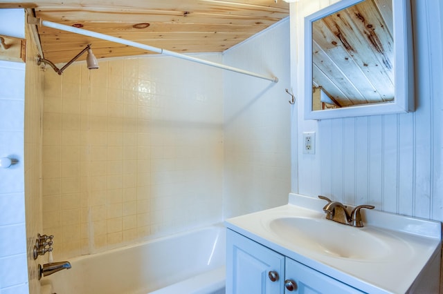 full bath featuring  shower combination, wood ceiling, and vanity