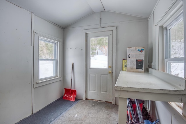 doorway to outside with a healthy amount of sunlight and vaulted ceiling