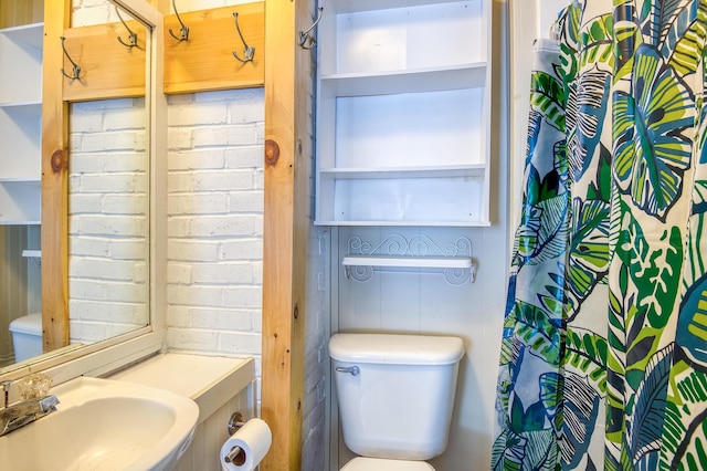 full bathroom with curtained shower, a sink, and toilet