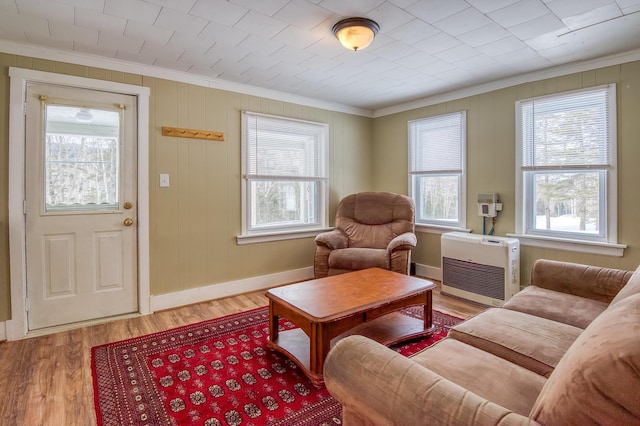 living room featuring baseboards, heating unit, wood finished floors, and crown molding