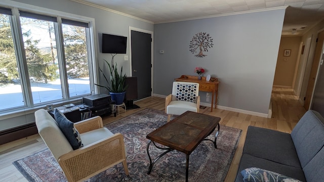 living room with ornamental molding, light wood-style floors, and baseboards