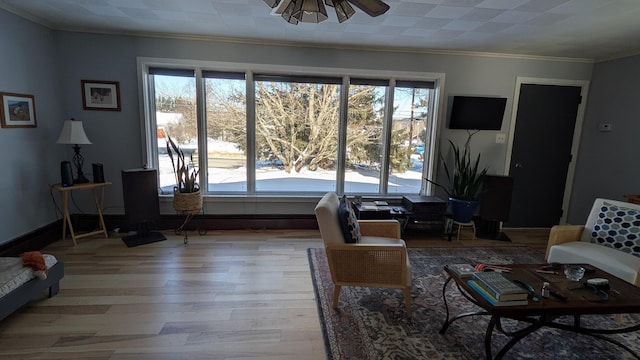 living area featuring crown molding, a ceiling fan, a wealth of natural light, and wood finished floors