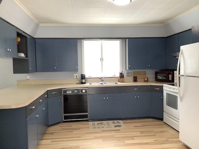 kitchen with white appliances, open shelves, a sink, and light countertops