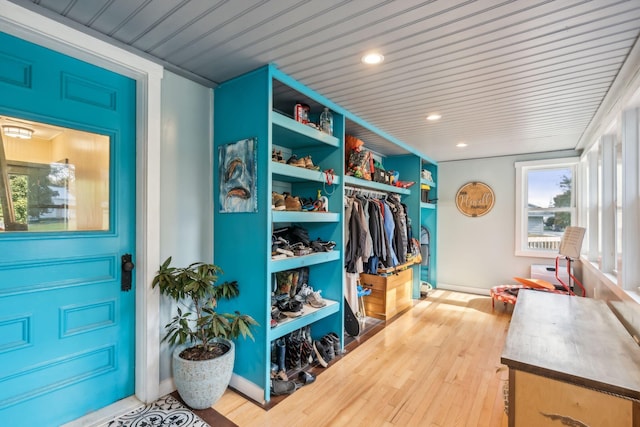 mudroom featuring baseboards, wooden ceiling, wood finished floors, and recessed lighting