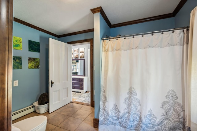 full bathroom with curtained shower, toilet, baseboard heating, ornamental molding, and tile patterned flooring