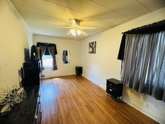 30 Washington St, Caribou, ME 04736 - living area featuring ornamental molding, ceiling fan, wood finished floors, and baseboards