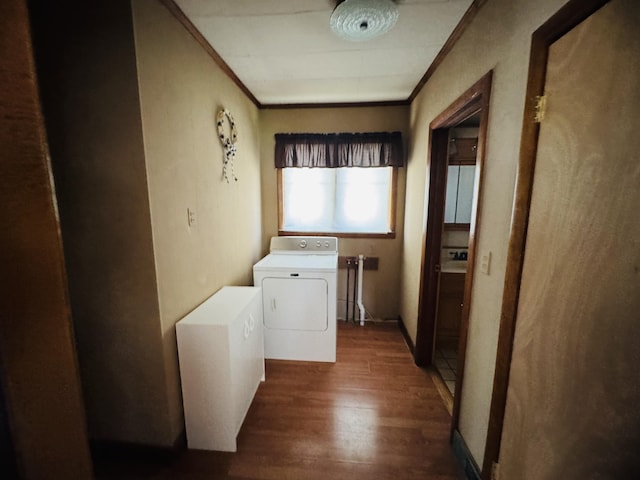 30 Washington St, Caribou, ME 04736 - clothes washing area with washer / dryer, ornamental molding, and wood finished floors