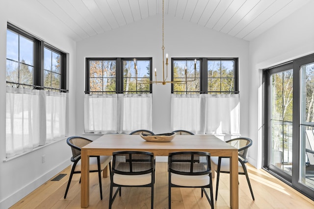 65 Sky Dr, Windham, ME 04062 - sunroom with vaulted ceiling, wooden ceiling, visible vents, and an inviting chandelier