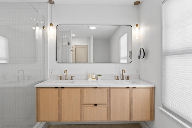 65 Sky Dr, Windham, ME 04062 - bathroom with double vanity, a sink, and a walk in shower