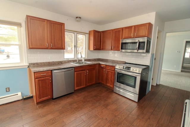 kitchen with dark wood-type flooring, decorative backsplash, stainless steel appliances, and a sink