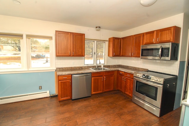 kitchen with appliances with stainless steel finishes, a sink, dark wood finished floors, and decorative backsplash