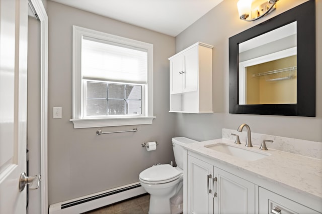 bathroom featuring vanity, toilet, tile patterned flooring, and baseboard heating