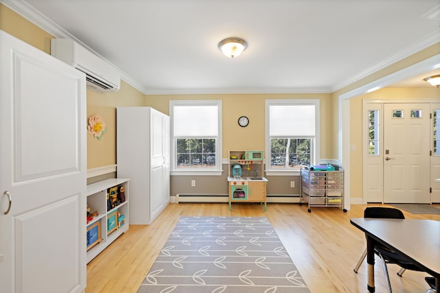 interior space featuring a baseboard radiator, crown molding, a wall unit AC, and wood finished floors