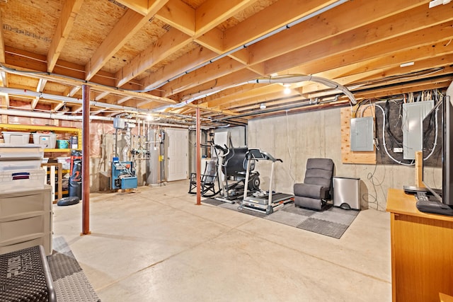 unfinished basement with electric panel and a heating unit