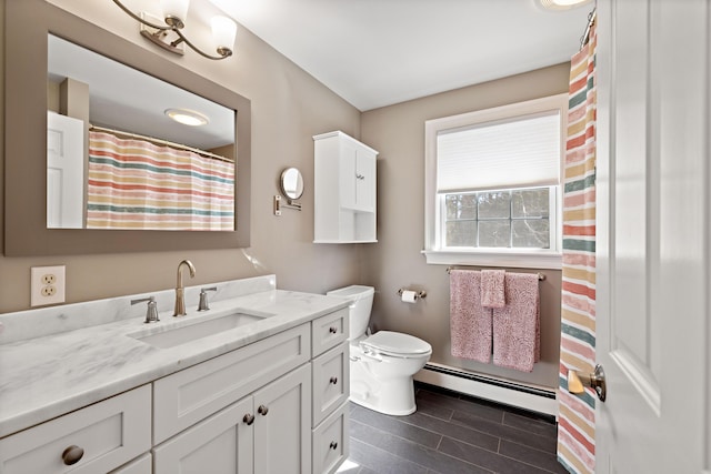 bathroom with a shower with curtain, toilet, vanity, baseboard heating, and wood tiled floor