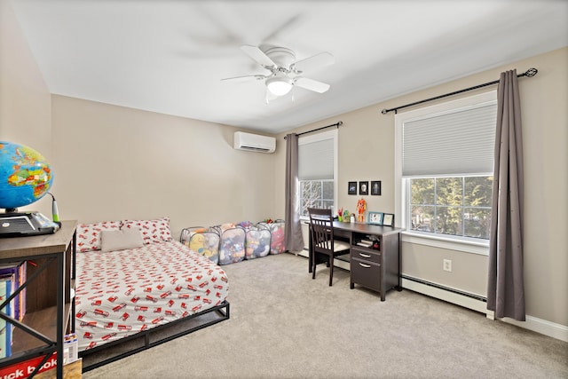 bedroom featuring light carpet, a wall mounted air conditioner, a baseboard heating unit, and a ceiling fan