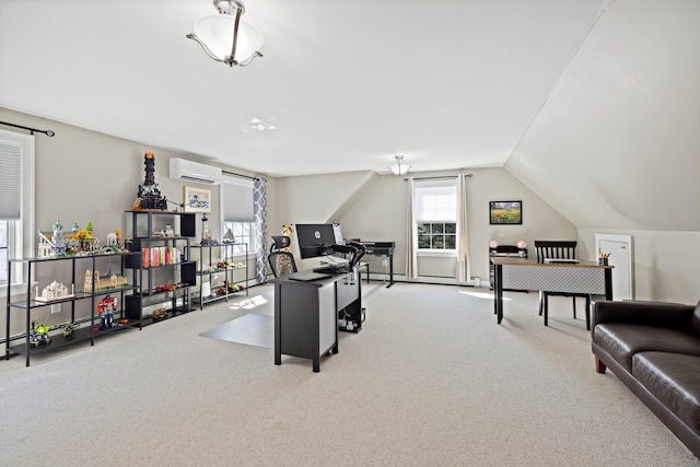 home office with carpet, a wall unit AC, and vaulted ceiling