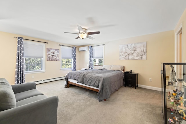 bedroom featuring baseboards, a wall mounted air conditioner, light carpet, a ceiling fan, and a baseboard radiator