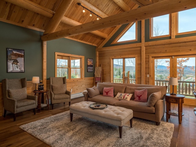 living room with hardwood / wood-style floors, beam ceiling, wood ceiling, and wooden walls