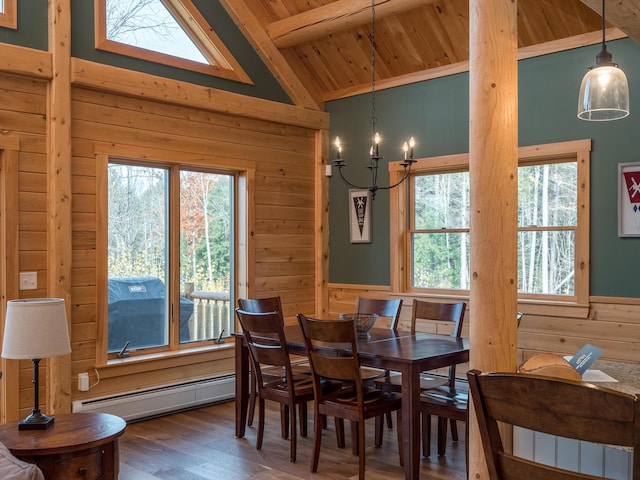 dining room with beam ceiling, a baseboard heating unit, wood walls, wood finished floors, and wooden ceiling