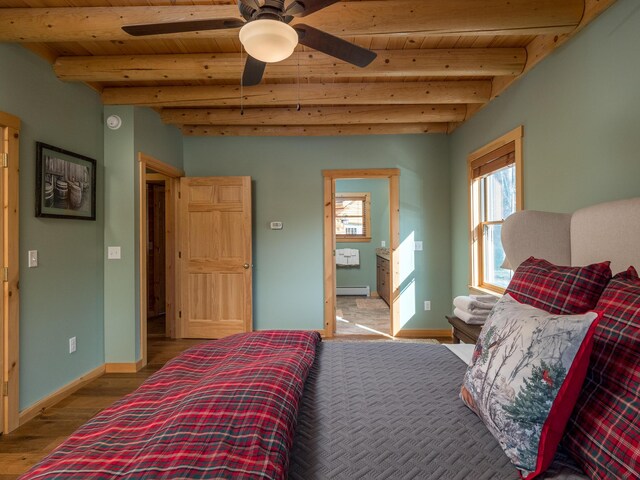 bedroom with wood finished floors, wood ceiling, baseboards, baseboard heating, and beam ceiling