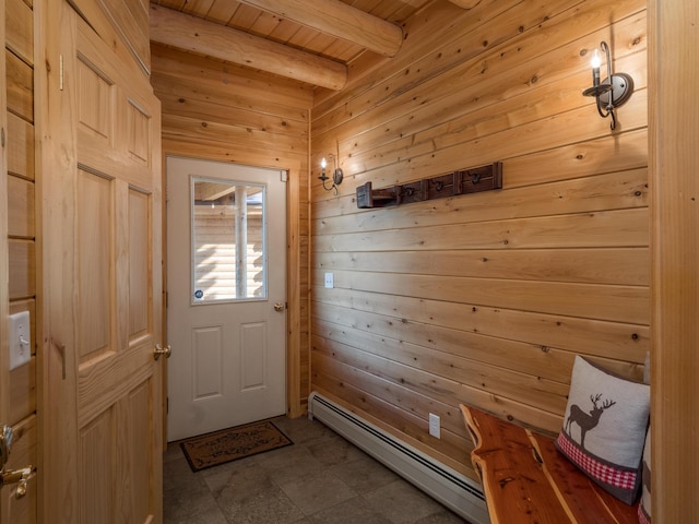 doorway with wood ceiling, beam ceiling, wooden walls, and baseboard heating