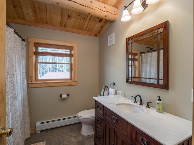 bathroom with wooden ceiling, a baseboard radiator, toilet, vanity, and visible vents