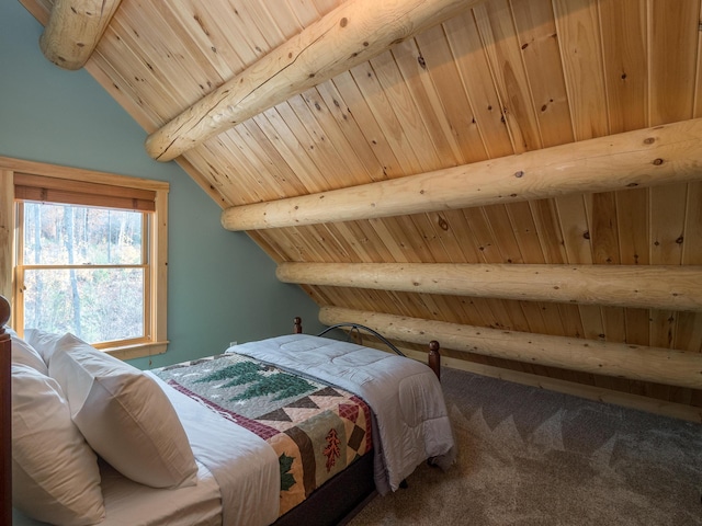 carpeted bedroom featuring wood ceiling and vaulted ceiling with beams