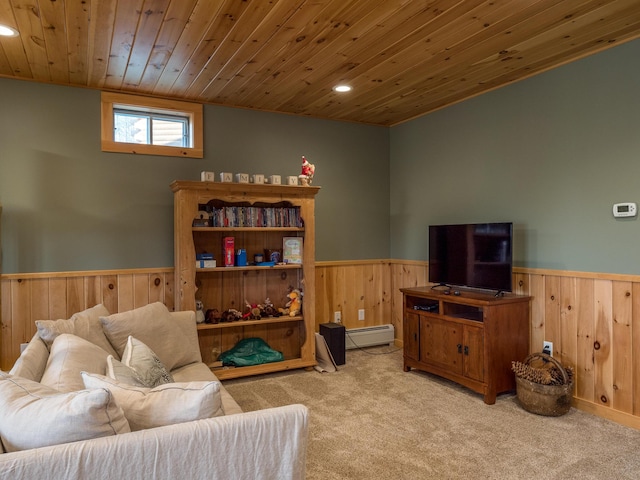 carpeted living area with recessed lighting, wooden ceiling, wainscoting, and baseboard heating