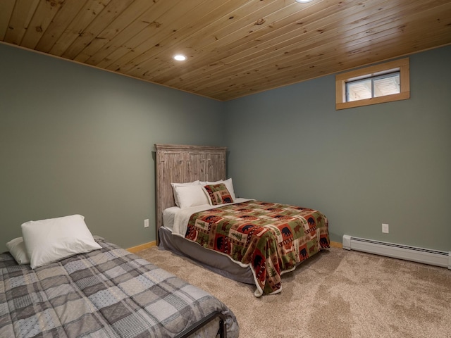 carpeted bedroom with recessed lighting, a baseboard radiator, wood ceiling, and baseboards