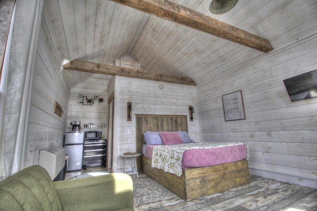 bedroom with lofted ceiling with beams, wooden ceiling, refrigerator, wooden walls, and wood finished floors