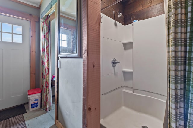 2342 Main St, Rangeley, ME 04970 - bathroom with a shower stall and concrete flooring