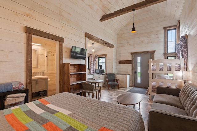 2342 Main St, Rangeley, ME 04970 - bedroom with beamed ceiling, wood finished floors, high vaulted ceiling, wood ceiling, and wood walls