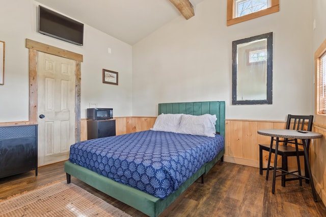 2342 Main St, Rangeley, ME 04970 - bedroom with wood finished floors, wainscoting, multiple windows, beamed ceiling, and high vaulted ceiling