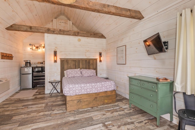 2342 Main St, Rangeley, ME 04970 - bedroom featuring freestanding refrigerator, wood finished floors, wooden walls, and wood ceiling